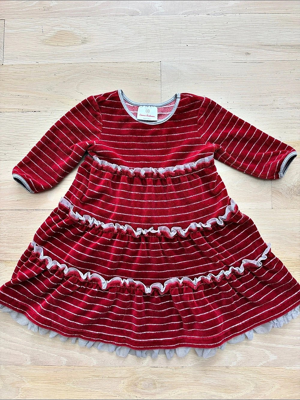 Hanna Andersson Baby Long Sleeve Velvet Dress Red & Gray Girls 80